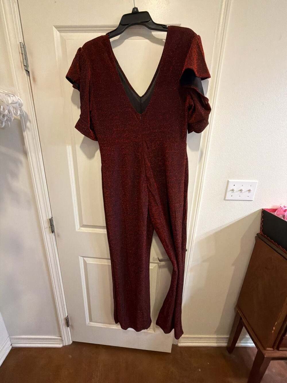 Plus Size V-Neck Flutter Sleeve Metallic Shimmer Jumpsuit - Picture 5 of 5